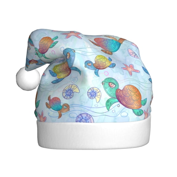 Kowoue Colorful Sea Turtle Pattern Santa Hat Christmas Hats for Adults, Holiday Unisex Velvet Comfort Xmas Hat for Women Men
