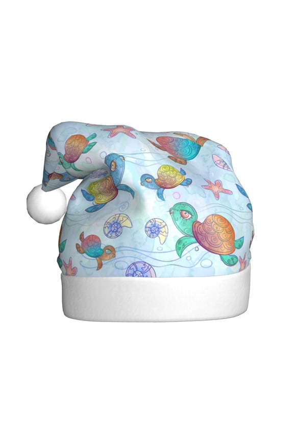 Colorful Sea Turtle Pattern Santa Hat Christmas Hats for Adults, Holiday Unisex Velvet Comfort Xmas Hat for Women Men