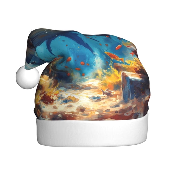 Kowoue Colorful Underwater Shark Pattern Santa Hat Christmas Hats for Adults, Holiday Unisex Velvet Comfort Xmas Hat for Women Men