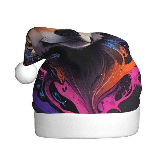 Kowoue Colorful Wolf Head Pattern Santa Hat Christmas Hats for Adults, Holiday Unisex Velvet Comfort Xmas Hat for Women Men