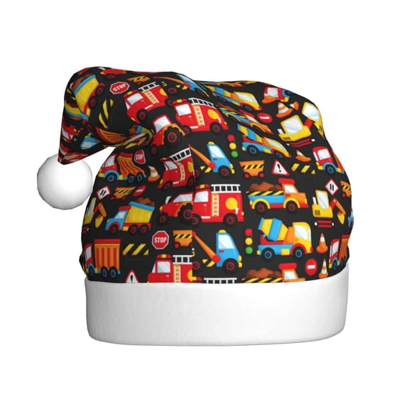Kowoue Construction Truck Pattern Santa Hat Christmas Hats for Adults, Holiday Unisex Velvet Comfort Xmas Hat for Women Men