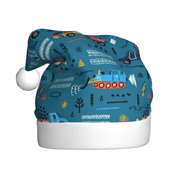 Kowoue Construction Trucks Pattern Santa Hat Christmas Hats for Adults, Holiday Unisex Velvet Comfort Xmas Hat for Women Men