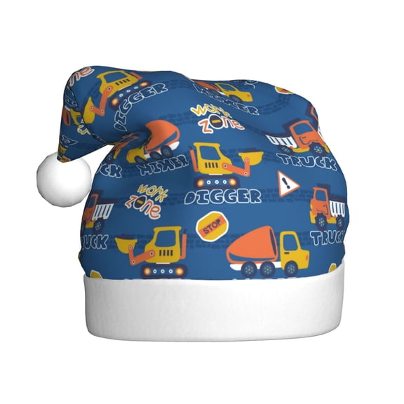 Kowoue Construction Vehicles Pattern Santa Hat Christmas Hats for Adults, Holiday Unisex Velvet Comfort Xmas Hat for Women Men