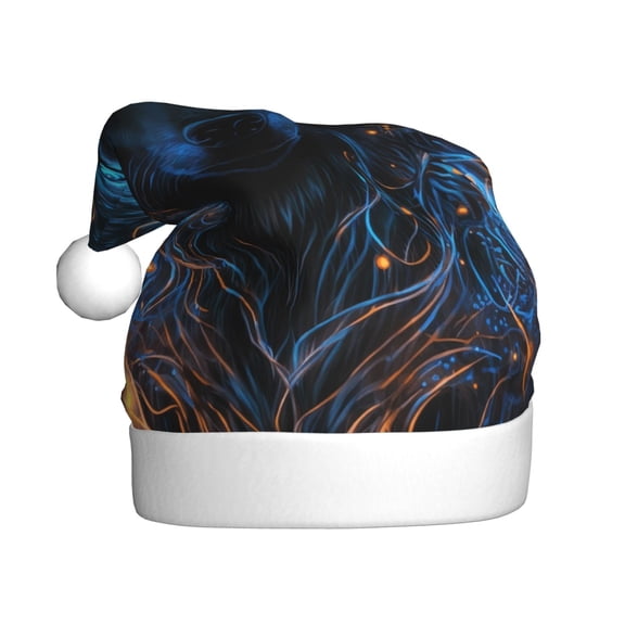 Kowoue Cool Blue Light Wolf Pattern Santa Hat Christmas Hats for Adults, Holiday Unisex Velvet Comfort Xmas Hat for Women Men