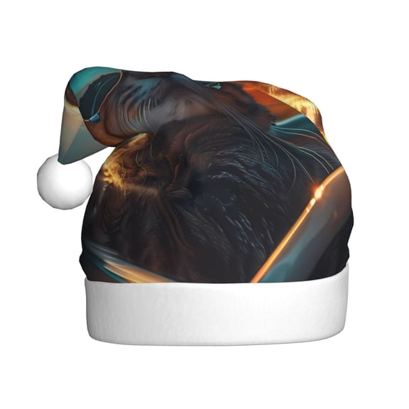 Kowoue Cool Cat Driving Sunset Pattern Santa Hat Christmas Hats for Adults, Holiday Unisex Velvet Comfort Xmas Hat for Women Men
