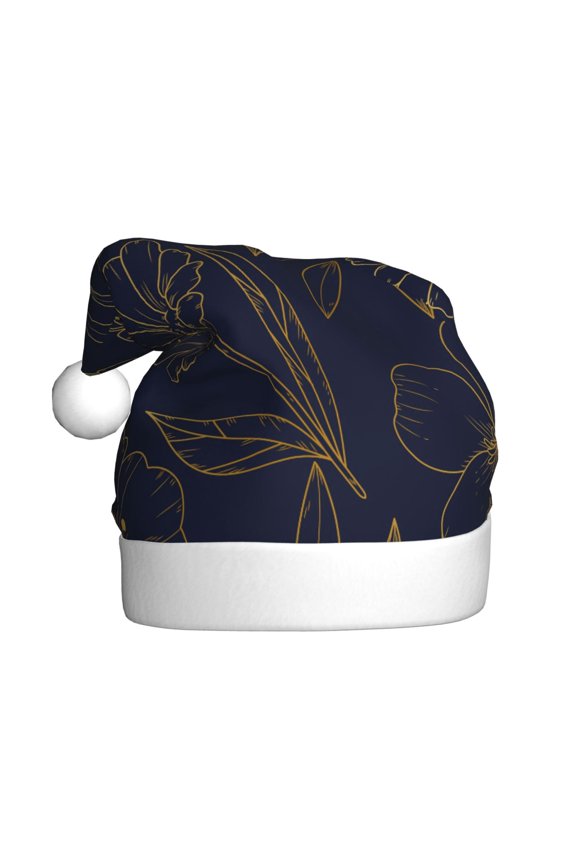 Copper-Gold Gloss Outline Flower Pattern Santa Hat Christmas Hats for Adults, Holiday Unisex Velvet Comfort Xmas Hat for Women Men