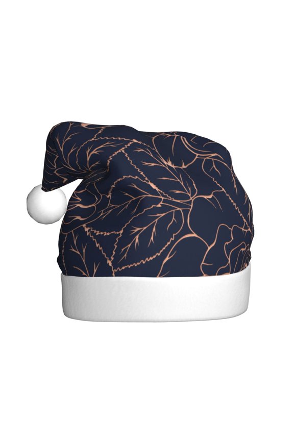 Copper-Gold Gloss Outline Flower Pattern Santa Hat Christmas Hats for Adults, Holiday Unisex Velvet Comfort Xmas Hat for Women Men