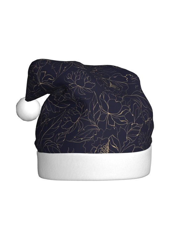 Copper-Gold Gloss Outline Peony Pattern Santa Hat Christmas Hats for Adults, Holiday Unisex Velvet Comfort Xmas Hat for Women Men