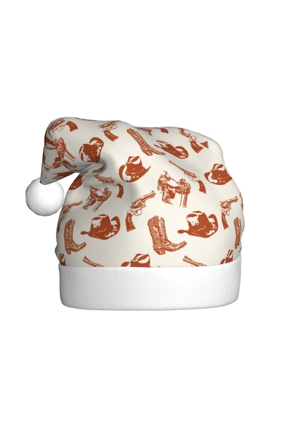 Cowboy Western Pattern Santa Hat Christmas Hats for Adults, Holiday Unisex Velvet Comfort Xmas Hat for Women Men