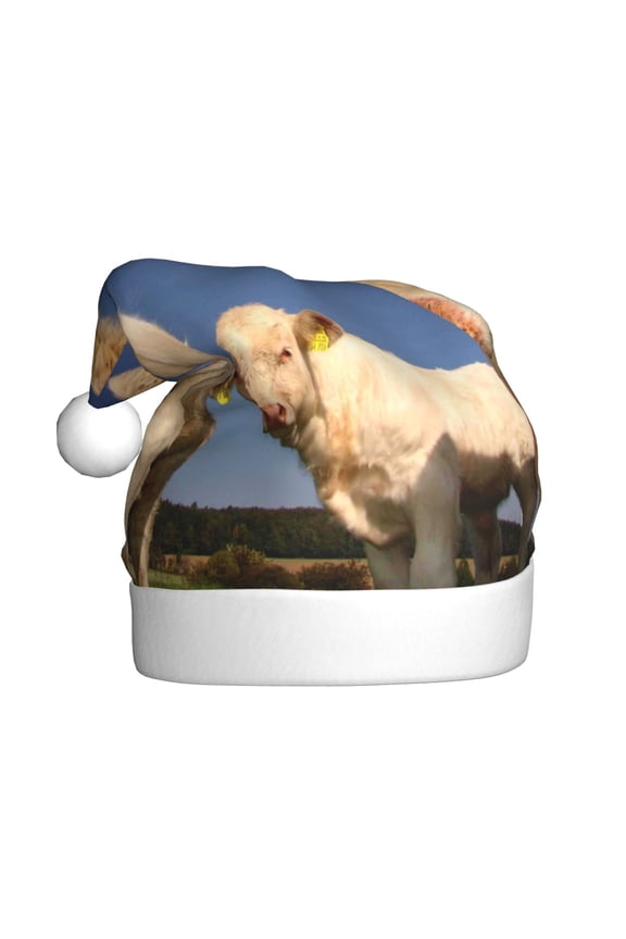 Cows Cattles Pattern Santa Hat Christmas Hats for Adults, Holiday Unisex Velvet Comfort Xmas Hat for Women Men