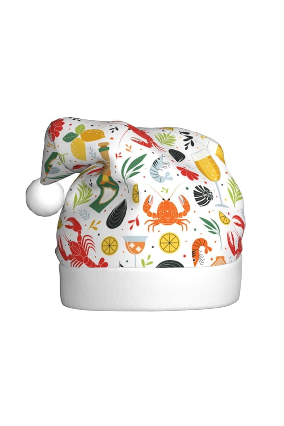Crabs Shrimps Pattern Santa Hat Christmas Hats for Adults, Holiday Unisex Velvet Comfort Xmas Hat for Women Men