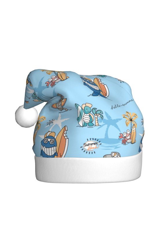 Cute Animals Surfers Pattern Santa Hat Christmas Hats for Adults, Holiday Unisex Velvet Comfort Xmas Hat for Women Men