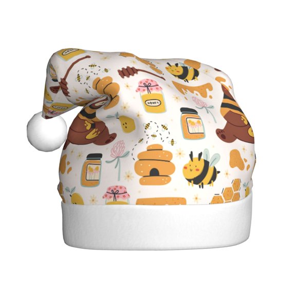 Kowoue Cute Bee Honey Jar Hive Bear Pattern Santa Hat Christmas Hats for Adults, Holiday Unisex Velvet Comfort Xmas Hat for Women Men