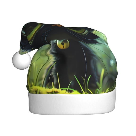Kowoue Cute Big-Eyed Black Cat Pattern Santa Hat Christmas Hats for Adults, Holiday Unisex Velvet Comfort Xmas Hat for Women Men