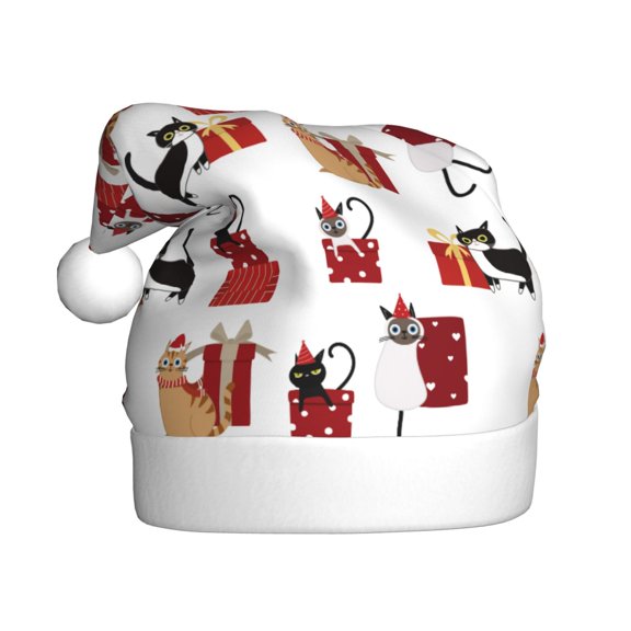 Kowoue Cute Cat And Christmas Gift Pattern Santa Hat Christmas Hats for Adults, Holiday Unisex Velvet Comfort Xmas Hat for Women Men
