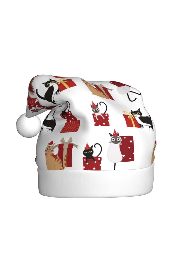 Cute Cat And Christmas Gift Pattern Santa Hat Christmas Hats for Adults, Holiday Unisex Velvet Comfort Xmas Hat for Women Men