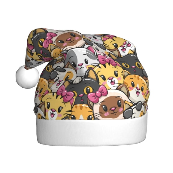 Kowoue Cute Cat Pattern Santa Hat Christmas Hats for Adults, Holiday Unisex Velvet Comfort Xmas Hat for Women Men