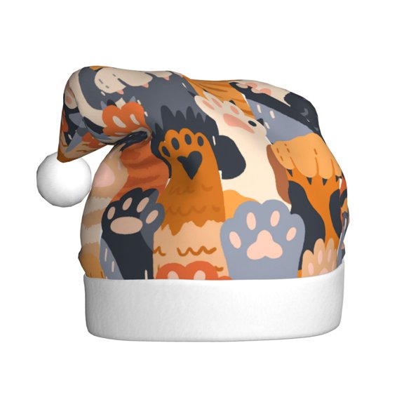 Kowoue Cute Cat Paw Pattern Santa Hat Christmas Hats for Adults, Holiday Unisex Velvet Comfort Xmas Hat for Women Men