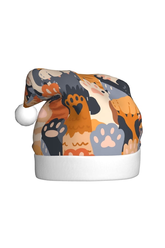 Cute Cat Paw Pattern Santa Hat Christmas Hats for Adults, Holiday Unisex Velvet Comfort Xmas Hat for Women Men