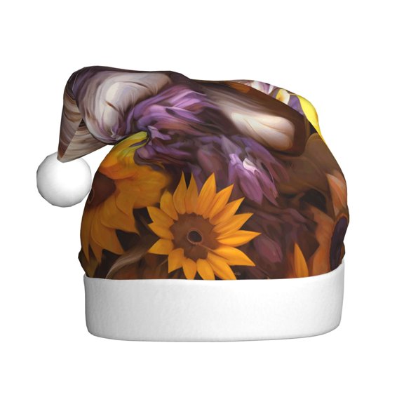 Kowoue Cute Cat Sunflower Pattern Santa Hat Christmas Hats for Adults, Holiday Unisex Velvet Comfort Xmas Hat for Women Men