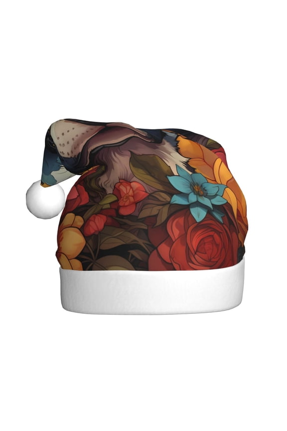 Cute Colorful Flower French Bulldog Pattern Santa Hat Christmas Hats for Adults, Holiday Unisex Velvet Comfort Xmas Hat for Women Men