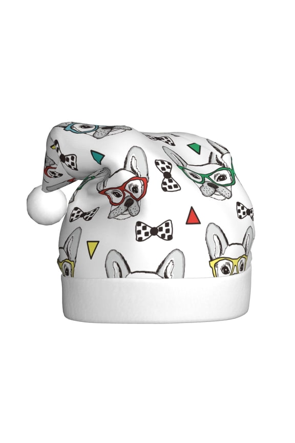 Cute French Bulldog Pattern Santa Hat Christmas Hats for Adults, Holiday Unisex Velvet Comfort Xmas Hat for Women Men