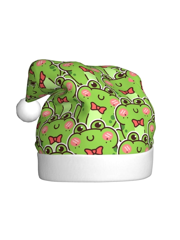 Cute Green Frog Pattern Santa Hat Christmas Hats for Adults, Holiday Unisex Velvet Comfort Xmas Hat for Women Men