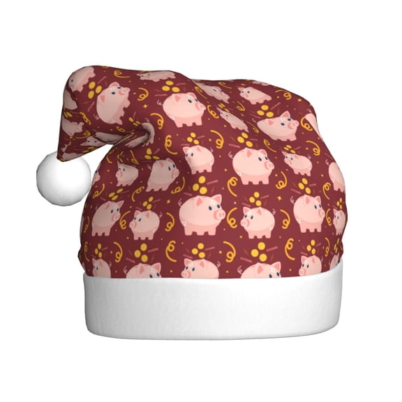 Kowoue Cute Pig with Coins Pattern Santa Hat Christmas Hats for Adults, Holiday Unisex Velvet Comfort Xmas Hat for Women Men