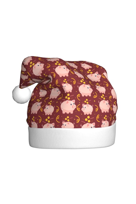 Cute Pig with Coins Pattern Santa Hat Christmas Hats for Adults, Holiday Unisex Velvet Comfort Xmas Hat for Women Men