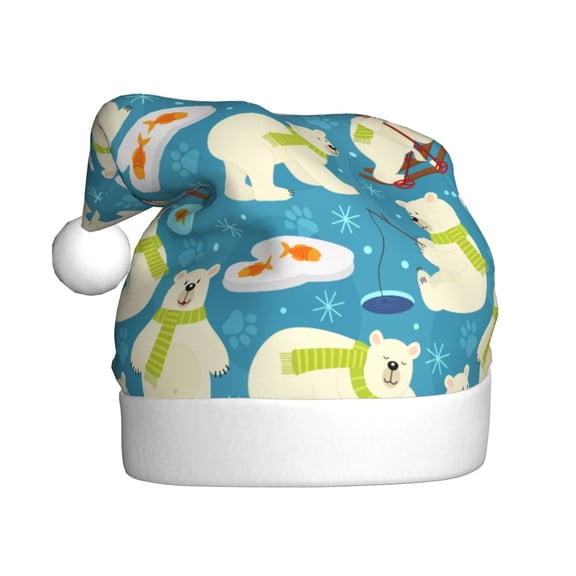 Kowoue Cute Polar Bear Fishing Pattern Santa Hat Christmas Hats for Adults, Holiday Unisex Velvet Comfort Xmas Hat for Women Men