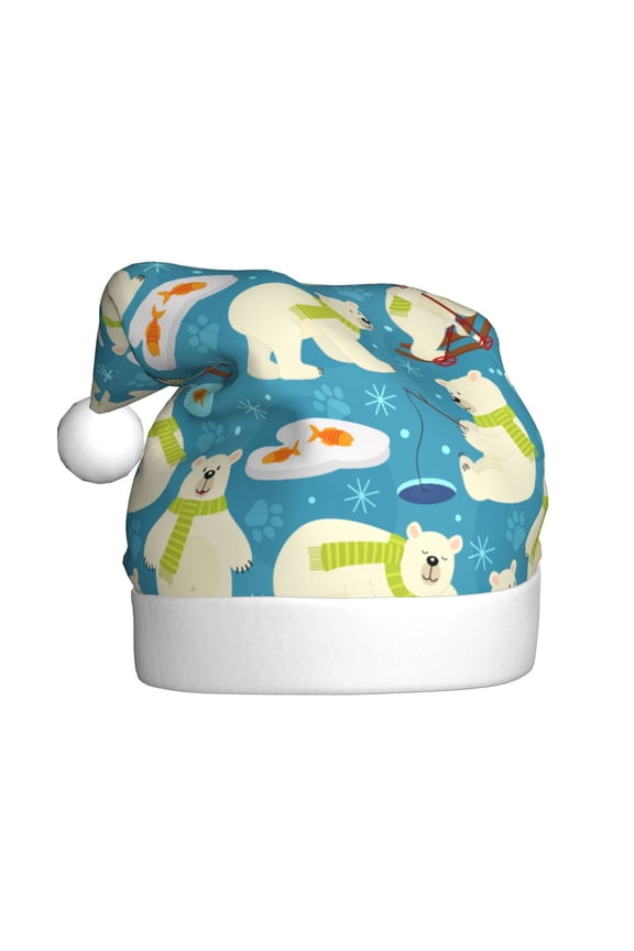 Cute Polar Bear Fishing Pattern Santa Hat Christmas Hats for Adults, Holiday Unisex Velvet Comfort Xmas Hat for Women Men