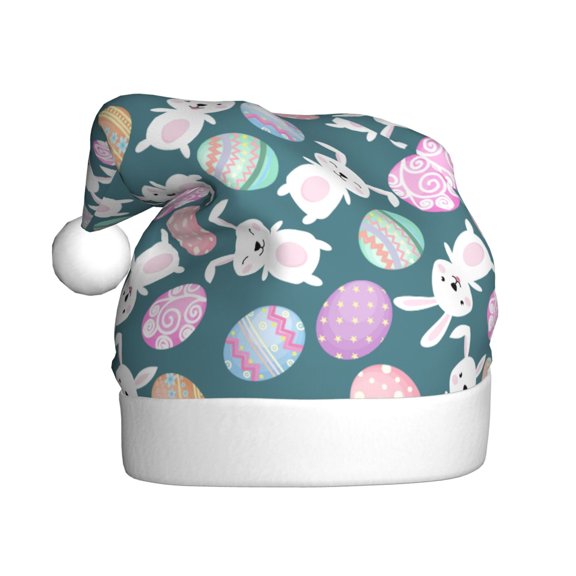Kowoue Cute Rabbit Easter Pattern Santa Hat Christmas Hats for Adults, Holiday Unisex Velvet Comfort Xmas Hat for Women Men