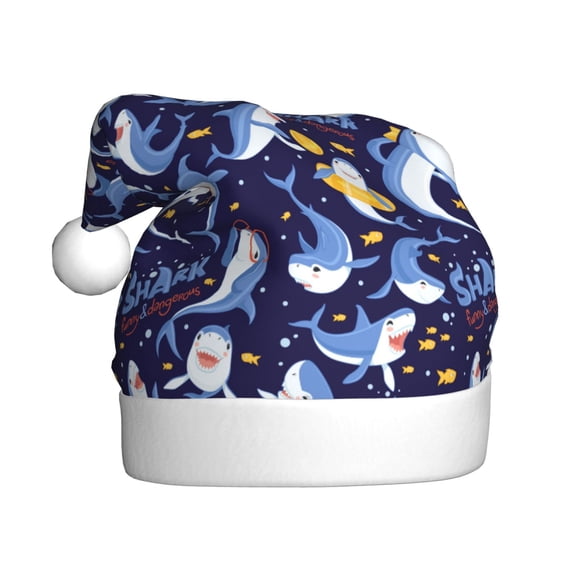 Kowoue Cute Shark Pattern Santa Hat Christmas Hats for Adults, Holiday Unisex Velvet Comfort Xmas Hat for Women Men