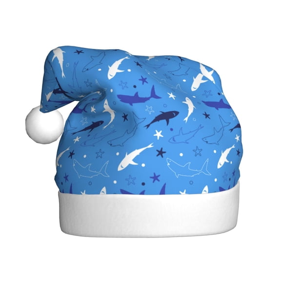 Kowoue Cute Shark Pattern Santa Hat Christmas Hats for Adults, Holiday Unisex Velvet Comfort Xmas Hat for Women Men