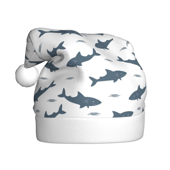 Kowoue Cute Shark Pattern Santa Hat Christmas Hats for Adults, Holiday Unisex Velvet Comfort Xmas Hat for Women Men