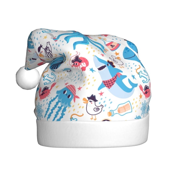 Kowoue Cute Shark Pattern Santa Hat Christmas Hats for Adults, Holiday Unisex Velvet Comfort Xmas Hat for Women Men
