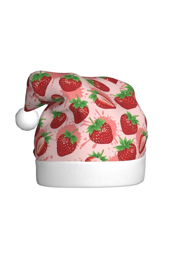 Cute Strawberry Pattern Santa Hat Christmas Hats for Adults, Holiday Unisex Velvet Comfort Xmas Hat for Women Men