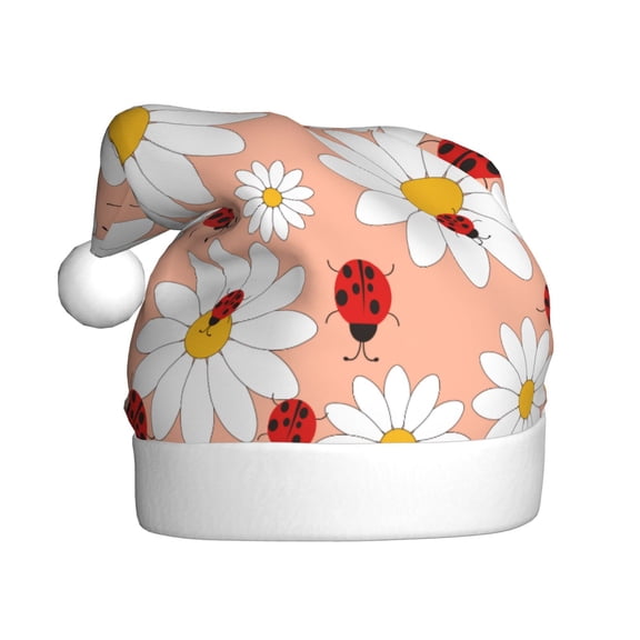 Kowoue Daisy and Ladybug Pattern Santa Hat Christmas Hats for Adults, Holiday Unisex Velvet Comfort Xmas Hat for Women Men
