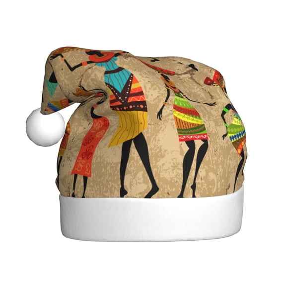 Kowoue Dancing African Women Pattern Santa Hat Christmas Hats for Adults, Holiday Unisex Velvet Comfort Xmas Hat for Women Men