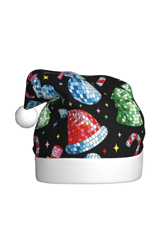 Disco Mirror Ball Snowman Pattern Santa Hat Christmas Hats for Adults, Holiday Unisex Velvet Comfort Xmas Hat for Women Men