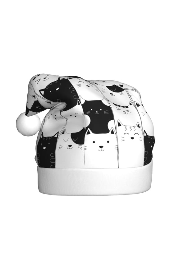 Doodle Cute Cat Pattern Santa Hat Christmas Hats for Adults, Holiday Unisex Velvet Comfort Xmas Hat for Women Men