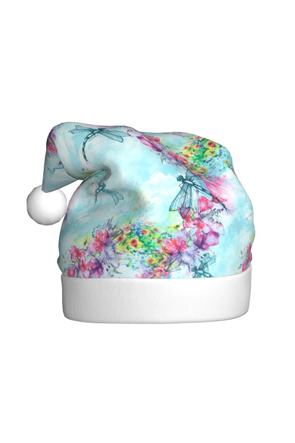 Dragonfly Floral Pattern Santa Hat Christmas Hats for Adults, Holiday Unisex Velvet Comfort Xmas Hat for Women Men