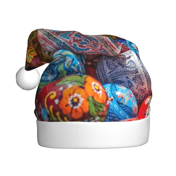 Kowoue Easter Eggs Pattern Santa Hat Christmas Hats for Adults, Holiday Unisex Velvet Comfort Xmas Hat for Women Men