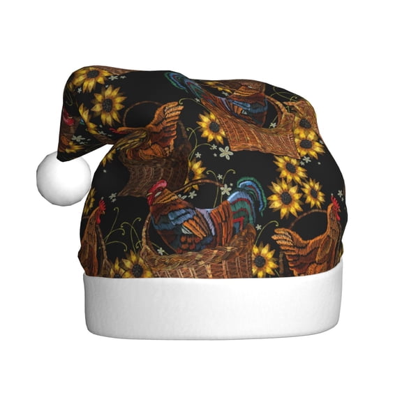Kowoue Embroidery Chicken Rooster And Sunflowers Pattern Santa Hat Christmas Hats for Adults, Holiday Unisex Velvet Comfort Xmas Hat for Women Men