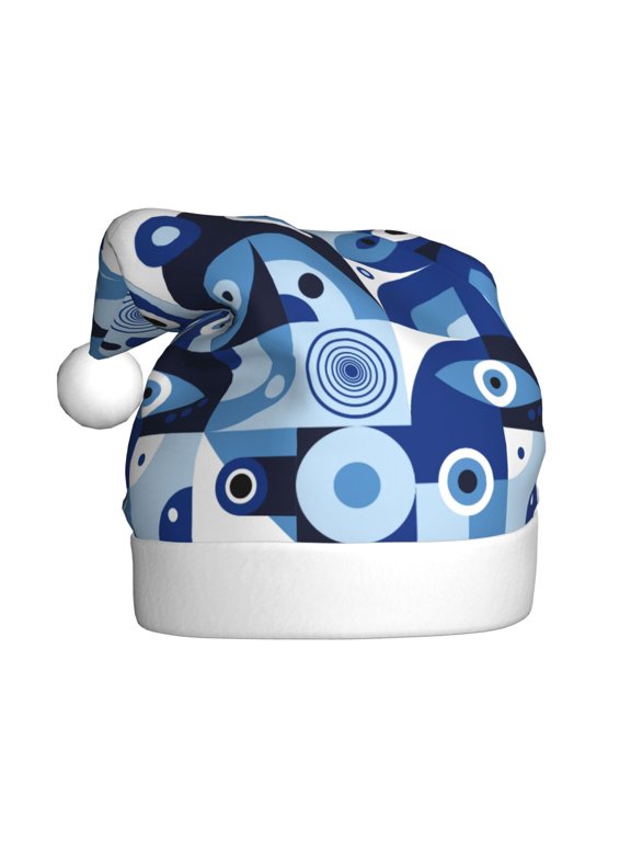 Evil Eye Pattern Santa Hat Christmas Hats for Adults, Holiday Unisex Velvet Comfort Xmas Hat for Women Men