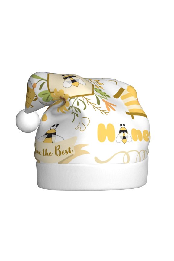 Farm Bee Cute Honey Pattern Santa Hat Christmas Hats for Adults, Holiday Unisex Velvet Comfort Xmas Hat for Women Men