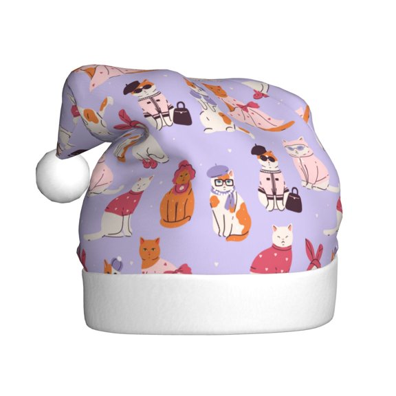 Kowoue Fashionable Cats Pattern Santa Hat Christmas Hats for Adults, Holiday Unisex Velvet Comfort Xmas Hat for Women Men