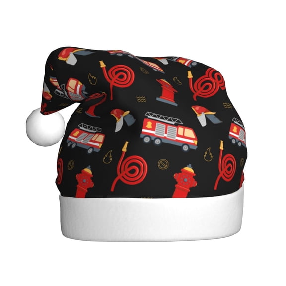 Kowoue Fire Fighting Pattern Santa Hat Christmas Hats for Adults, Holiday Unisex Velvet Comfort Xmas Hat for Women Men