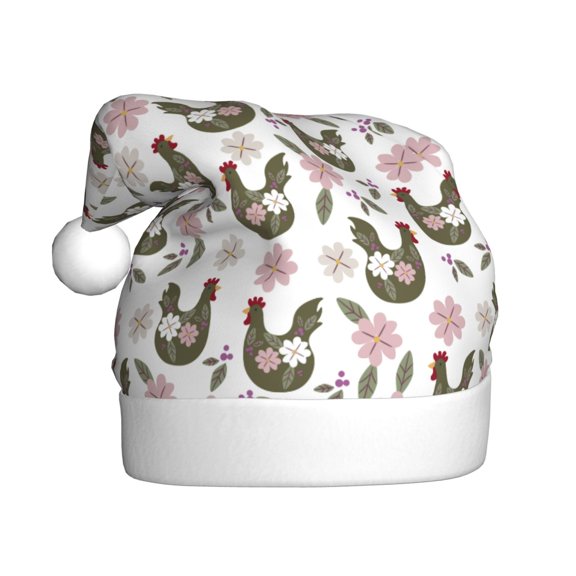 Kowoue Flowe Rooster Pattern Santa Hat Christmas Hats for Adults, Holiday Unisex Velvet Comfort Xmas Hat for Women Men