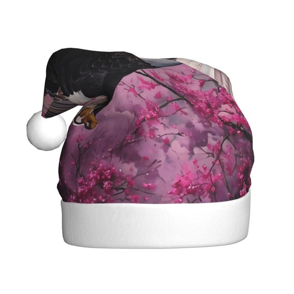 Kowoue Flower Bald Eagle Pattern Santa Hat Christmas Hats for Adults, Holiday Unisex Velvet Comfort Xmas Hat for Women Men